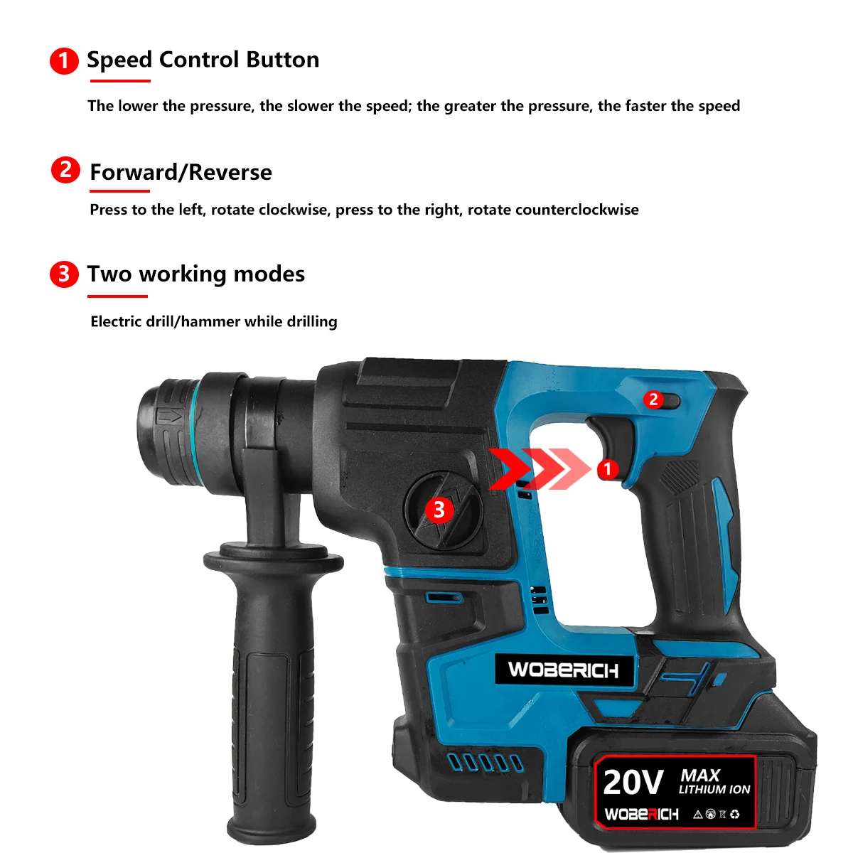 Electric Brushless Hammer Drill Multifunctional Rotary Cordless Rechargeable Power Tools For Makita/WOBERICH 18V Battery 4