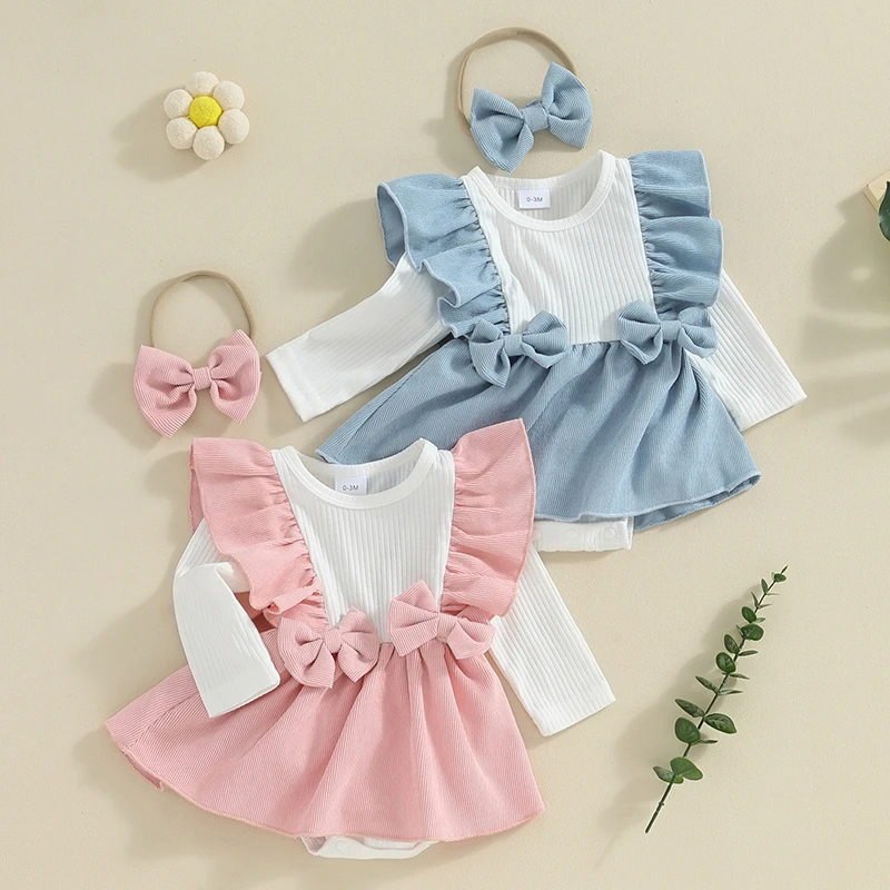 

Infant Baby Girls Lovely 2 Piece Outfits Contrast Colors Ribbed Corduroy Long Sleeve Romper A-line Dress and Cute Headband Set