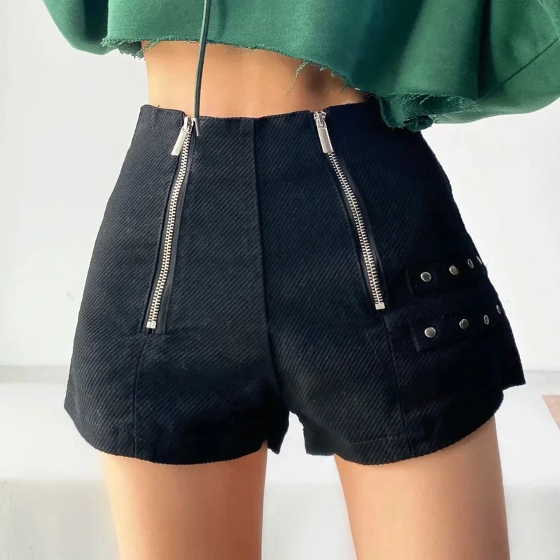 Women's High Waist Denim Shorts, Sexy Skinny Shorts, Double Zipper, Casual Daily Aesthetic Streetwear, Plus Size, Black, Summer