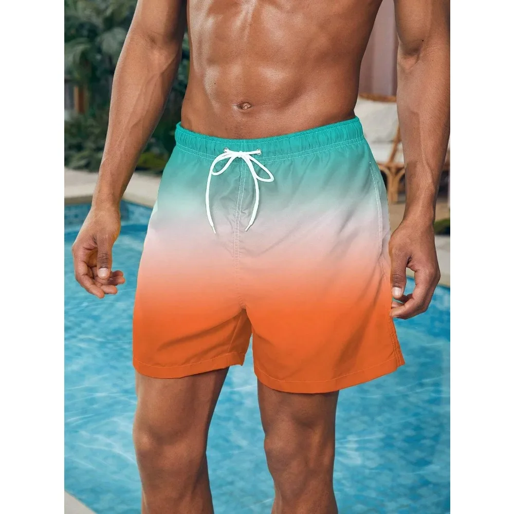 Men's Beach Shorts Gradient Color Block Drawstring Summer Men's swim Trunks Elastic Waist 3D Print  Breathable Short Streetwear 4