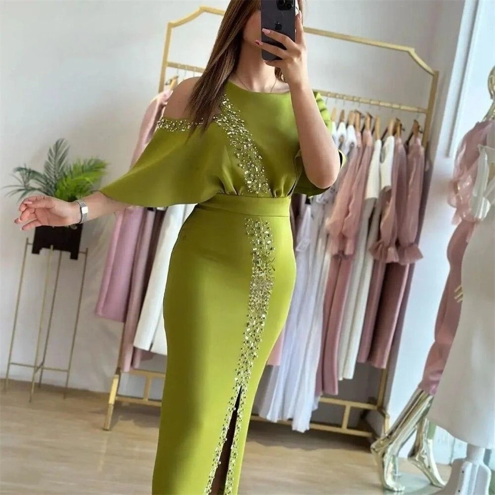 Santorini Vestidos De Graduaci&oacute;n Prom Dresses for Women O-Neck Beaded Side Slit Cocktail Party Evening Gowns Half Sleeves Dress