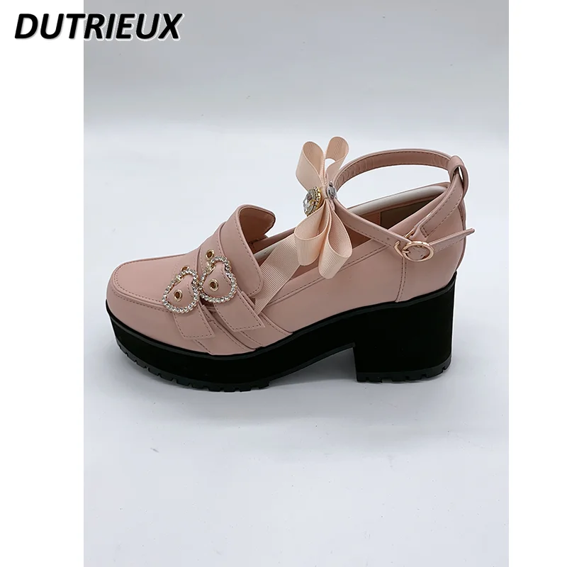 Japanese Heart Rhinestone Buckle Round Head Chunky Heels Women's 2023 Spring and Autumn High Heel Shoes Patent Leather Pump