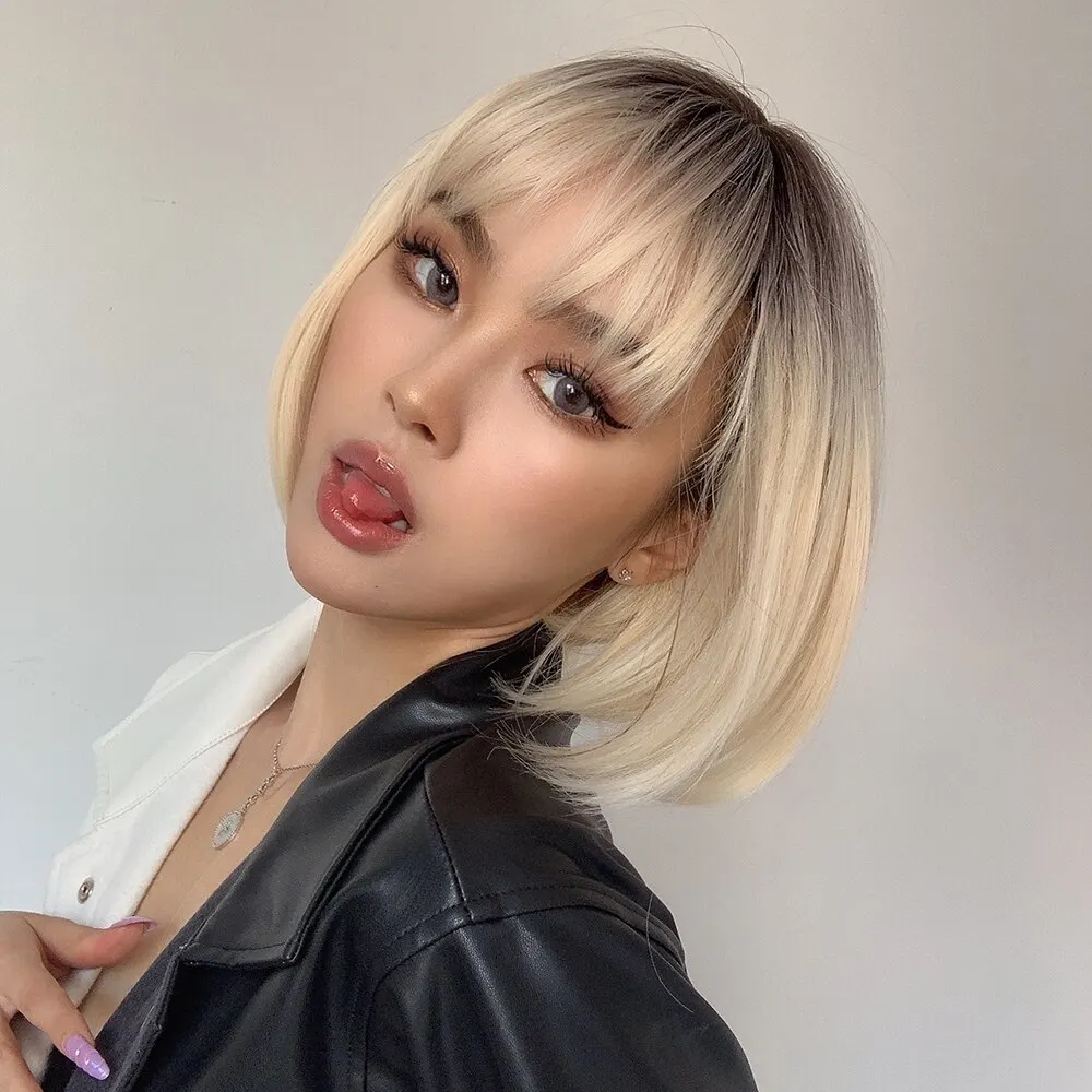 Platinum Sarı Ombre Sentetik Bob Peruklar Patlamalı Kısa Düz Doğal Saç Peruk Kadınlar İçin Günlük Parti Isıya Dayanıklı Fiber_voghion.com