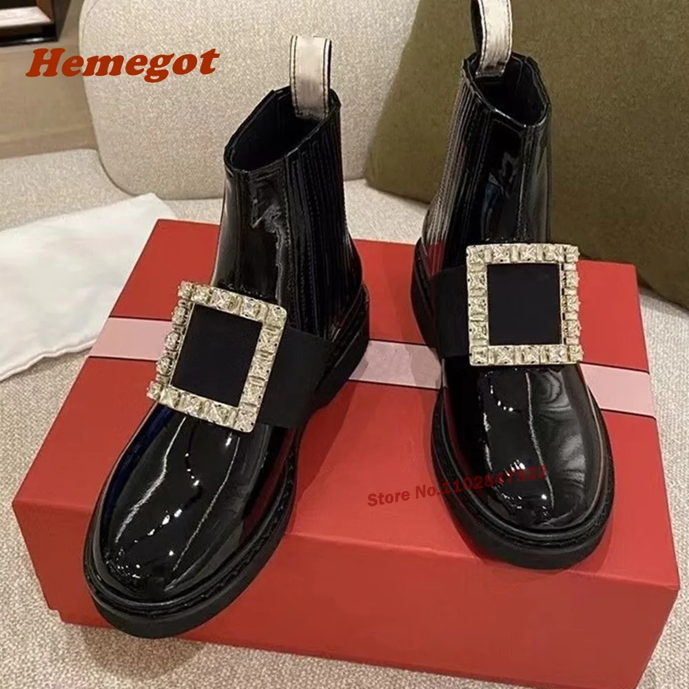 

Crystal Buckle Black Ankle Boots Round Toe Slip On Glossy Chunky Heels Women's Boots Chelsea Height Increasing Casual Shoes