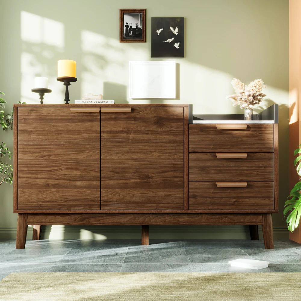 Wohnzimmerkommode mit Eichenholz-Dekor – mit Marmoroptikplatte, offenem Regal + 3 Schubladen und Doppeltürschrank, Beine aus massivem Holz – Detail 14