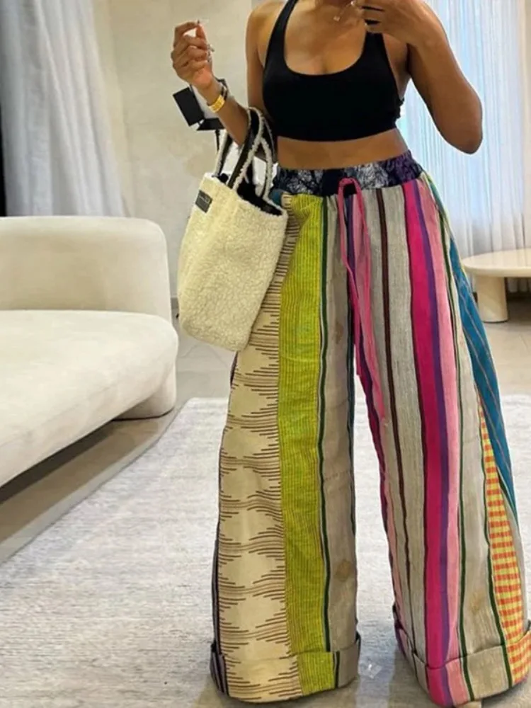 Yeezzi Female Stylish Contrast Color Drawstring Pants Loose Wide Leg High Waisted Urban Casual Trousers Bottoms For Women