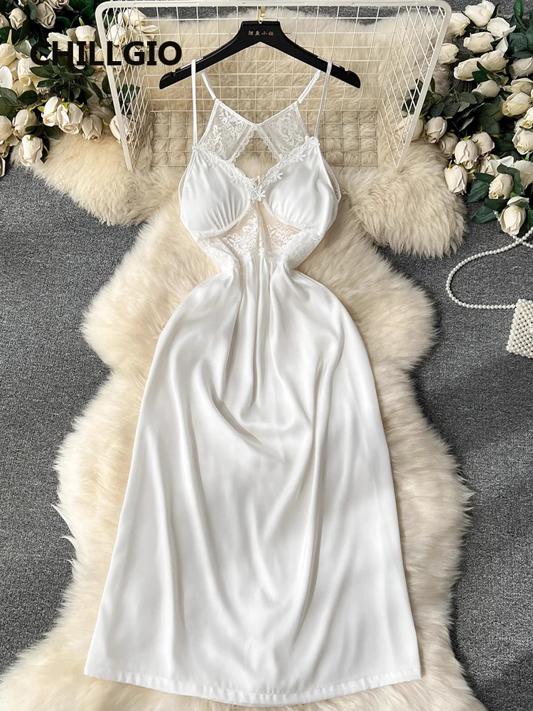 CHILLGIO المرأة الدانتيل الساتان السباغيتي فستان بحزام مثير الجوف موضة ملابس النوم قمصان النوم Ins الساخن ألف خط ملابس النوم منامة فستان الشمس