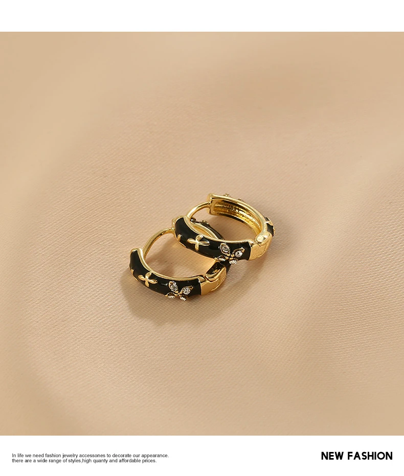 2023 neue Design Klassische Zirkon Blume Form Schwarz Emaille Gold Farbe Hoop Ohrringe Für Party frauen Luxus Zubehör Schmuck – Detail 8