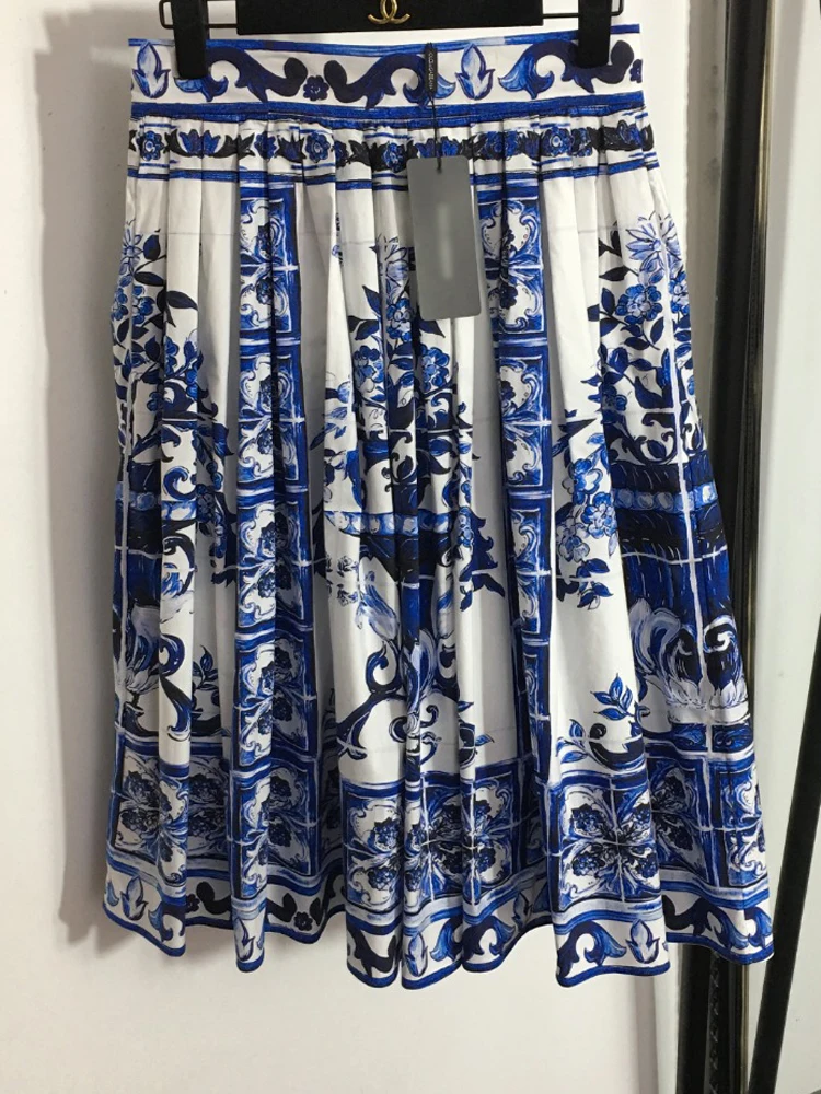 ZJYT Runway Fashion Summer Blue and White Porcelain Print Skirt for Women High Waist Pleated Vintage Holiday Skirts zjyt runway fashion summer blue and white porcelain print skirt for women high waist pleated vintage holiday skirts