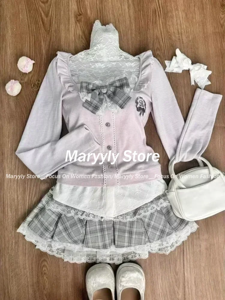 Japanese Sweet Preppy Style Skirt Set Women Kawaii Lace Patchwork Bow Tops + Y2k Plaid Mini Skirt Elegant Outifits 2 Piece Set 4