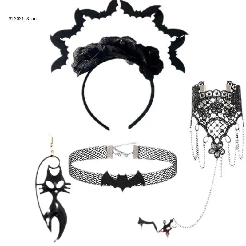 

Gothic Hairband with Bangles Carnivals Proms Party Bat Earring&Choker Set