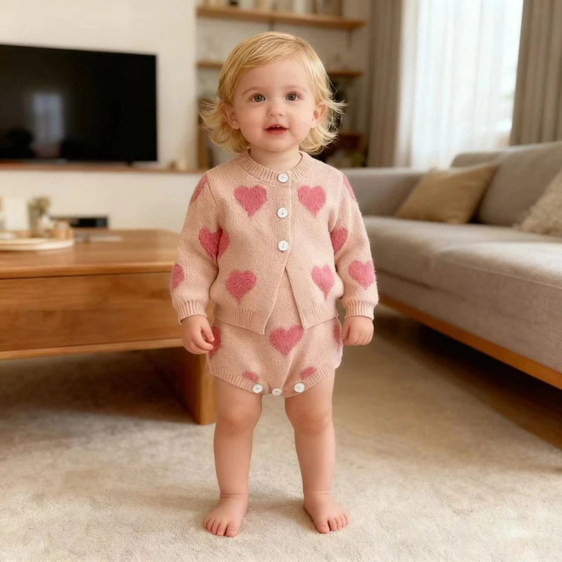 가을 겨울  여아 옷 니트 자수 러브 슈트 긴팔 가디건+점프슈트 어린이 2피스 니트 의류 세트