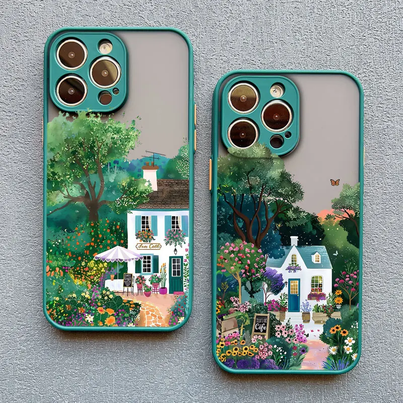 Modische Garten-Stil Kaffeehaus Handyhülle für iPhone 17 11 12 Mini Pro Max 13 14 15 16 Pro Max X XS XR Plus Stoßfeste Schutzhüllen – Detail 16