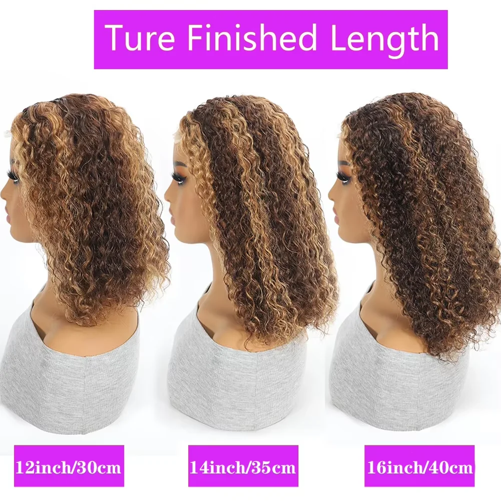 10 14 Inch Curly Short Bob Wig Highlight 4/27 Honey Blonde Human Hair 5x5 Glueless Wig Deep Wave For Women Virgin Human Hair 5