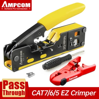 AMPCOM RJ45 RJ11 Pass Through Crimping Tool for Cat7/6A Cat6/5 Ethernet Modular Plugs Connectors With Stripper and Spare Blade 1