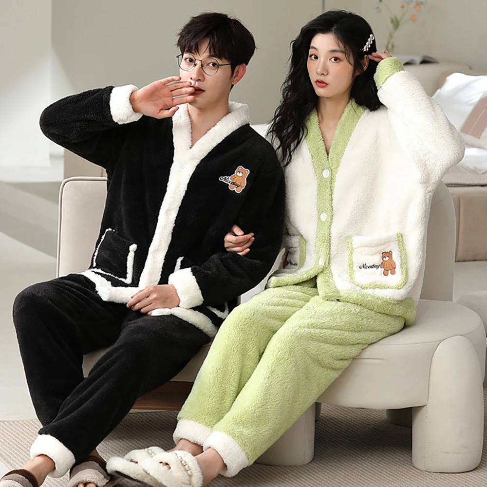 Antistatic Ultrafine Plush Thicken Island Velvet Couple Sleepwear Men's Winter Pajamas Set Warm Windproof Sweet Style Pajama