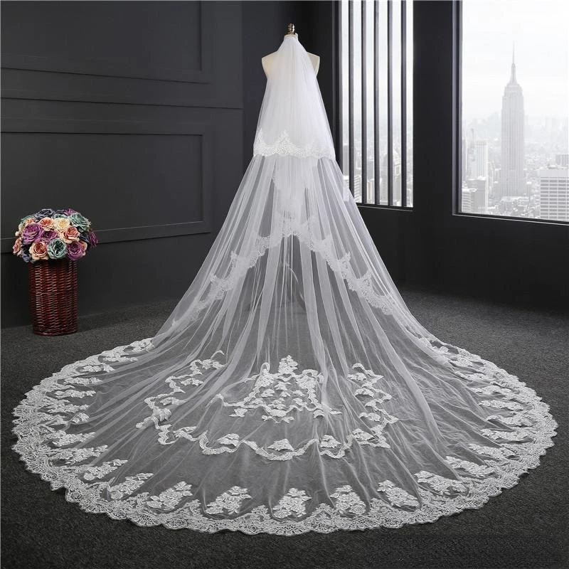 New Arrival Two Layers 3.5m Long Cathedral Wedding Veils With Lace