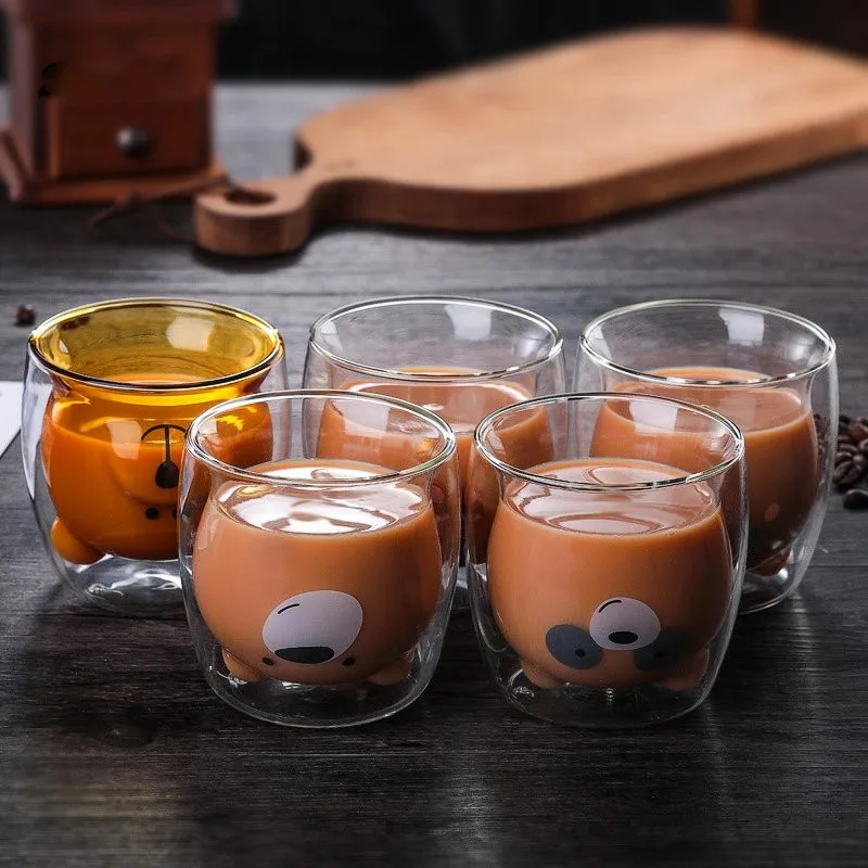 Hzxing Double Bear Catching Cup Coffee Mugs Drinking Insulation Double Wall Glass Tea Cup