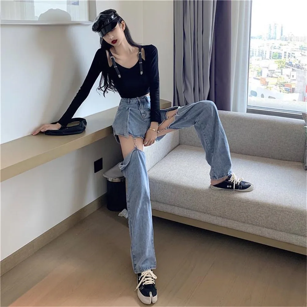 2024 Spring/Summer Jeans Women's Loose High Waist Slim Wide Leg Straight Leg Pants Detachable Shorts