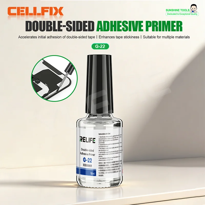 RELIFE G-22 18ml Doppelseitiger Klebstoffprimer mit integriertem Pinsel und Gewindeanschluss für die Reparatur von Telefonrahmen, Auto, Kunststoff und Glas