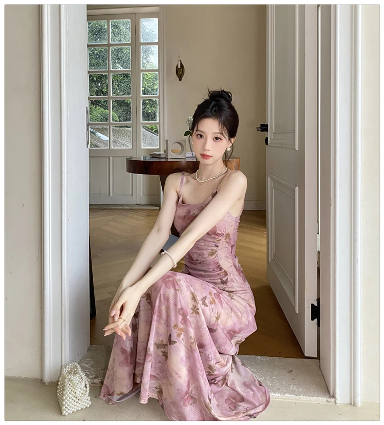 Sexy Printed Long Dresses for Women Mesh Spaghetti Strap Slim A-line Party Dress Summer Korean Fashion One Piece Vestido Mujer
