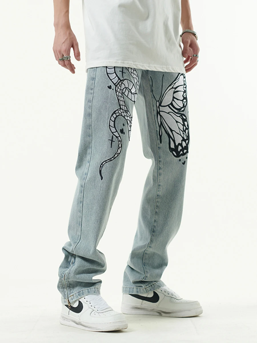 High Street Butterfly and Snake Embroidered Straight Jeans Men Ankle Zipper Retro Pocket Loose Denim Trousers Hip Hop streetwear