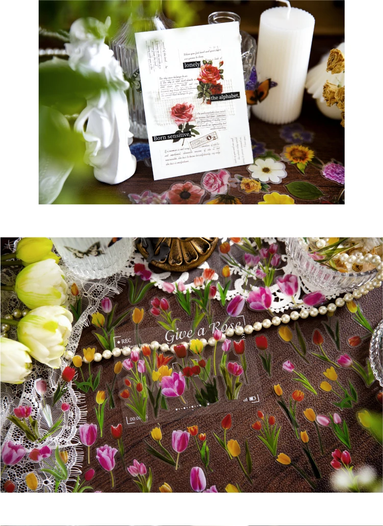 100pcs Flowers Sticker pack Rose Tulip Daisy Transparent Waterproof Plant hand account Decoration Scrapbooking Material