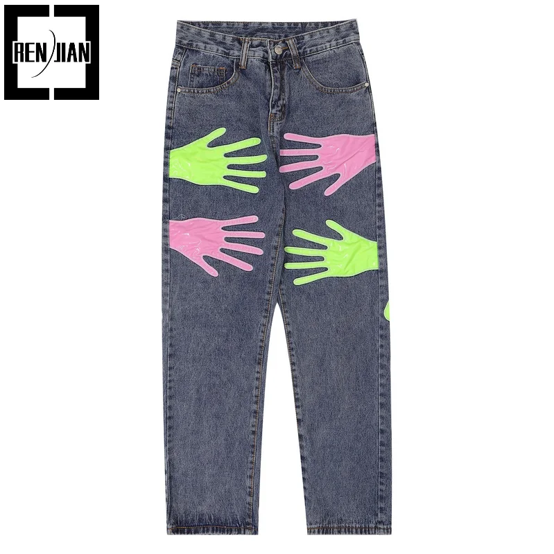 

Fashion Hip Hop Jeans Pants With Hand Patchwork High Street Washed Denim Trousers Straight Fit Streetwear Bottoms