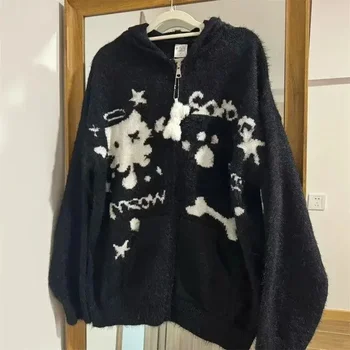 Y2K Harajuku Zipper Sweater Gothic Cat Graphic Oversized Hooded Long Sleeved Sweater Sweet Kawaii Hot Girl Autumn Winter Coat