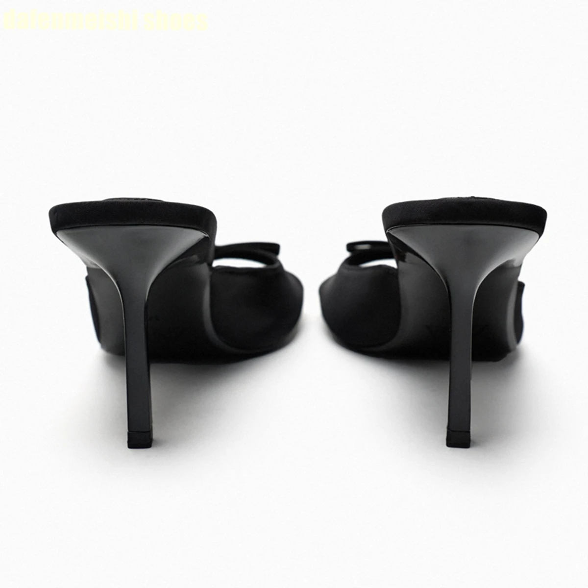 Bow Decorated Fabric High Heel Women Slippers 2024 Summer New Black Slip On Slides Sandals Fashion Open Toe Square Toe Mules