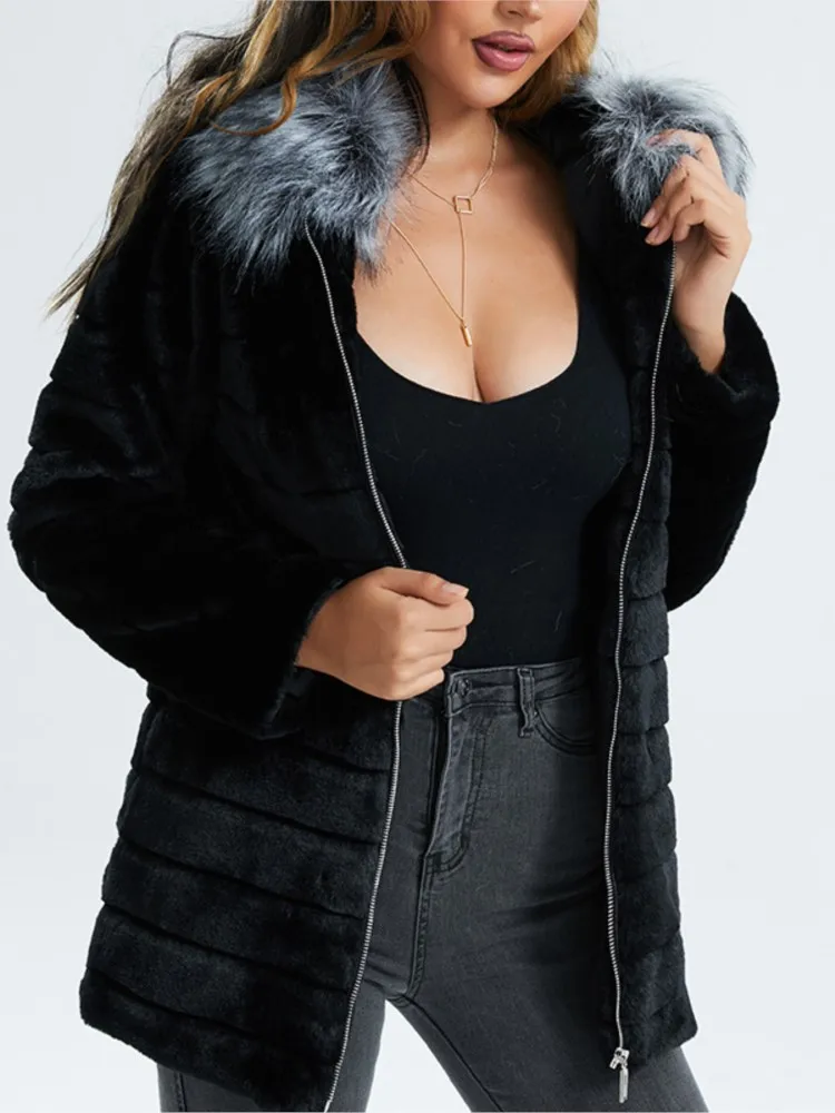 Elegant Long Faux Fur Coat Women 2023 Autumn Winter Thick Warm Soft Fleece Jacket Female Pocket Zipper Coat Hooded Outerwear
