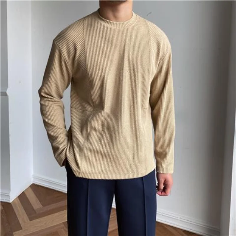 

British Thick Pit Striped Round Neck Long Sleeve T-shirt Japanese Korean Edition Simple Casual Breathable Bottoming Shirt Men