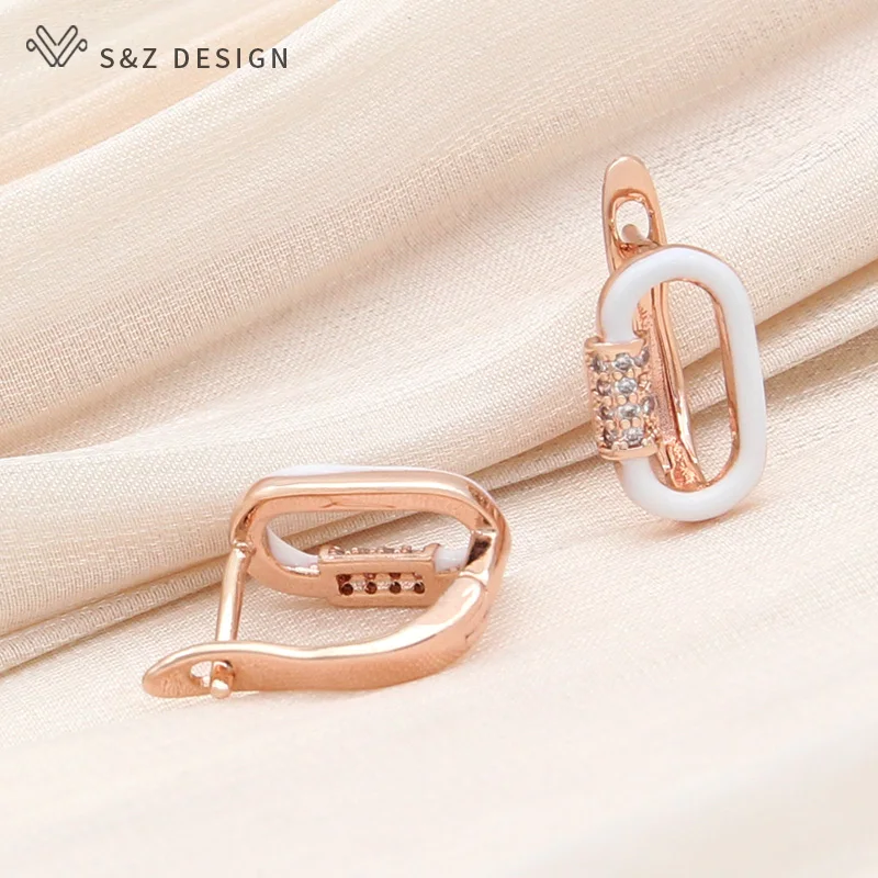 S&Z DESIGN New Fashion Annular Egg Shape 585 Rose Gold Color Enamel Drop Earrings For Women Jewelry Cubic Zirconia Eardrop