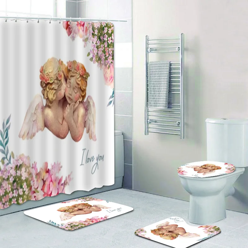 

Watercolored Cute Angels Cherub Curtain Shower s Set Floral Cupid Angel Wings Fairy Bathroom Mats Home Decor