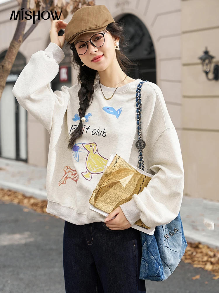 

MISHOW Women's Cartoon Letter Graphic Print Oversized Sweatshirts 2023 Autumn Vintage Pullover Crew Neck Casual Tops MXC46V0055
