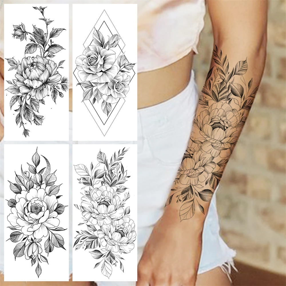 

Big Peony Flower Temporary Tattoos For Women Adult Girl Geometric Moon Rose Fake Tattoo Waterproof Body Art Painting Tatoo Decal