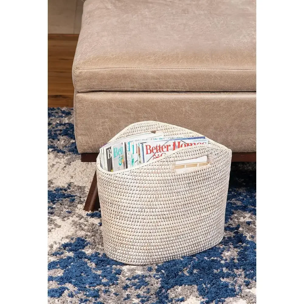 Rattan Magazine Holder Clear Lacquer Finish Oval Shape White-Wash 14.25"x9.5"x12.25 3