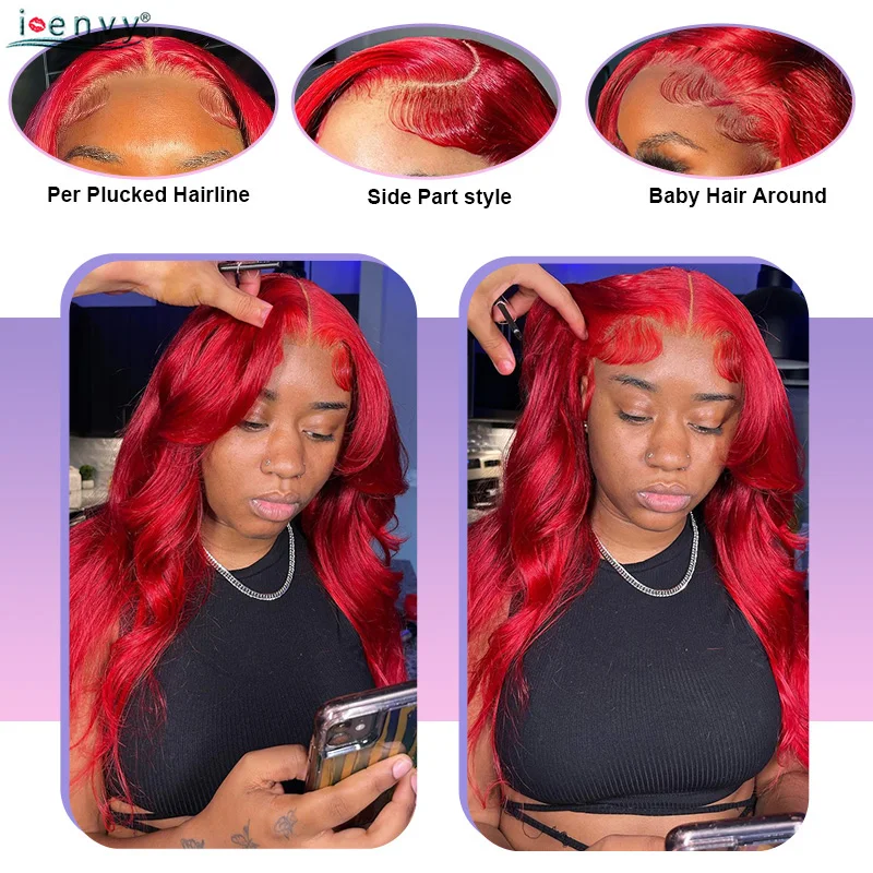 밝은 레드 바디 웨이브 가발 인모 가발 버건디 99J 레이스 프론트 가발 13X4 13X6 HD 레이스 프론탈 가발 프리 플러킹된 컬러 레이스 가발