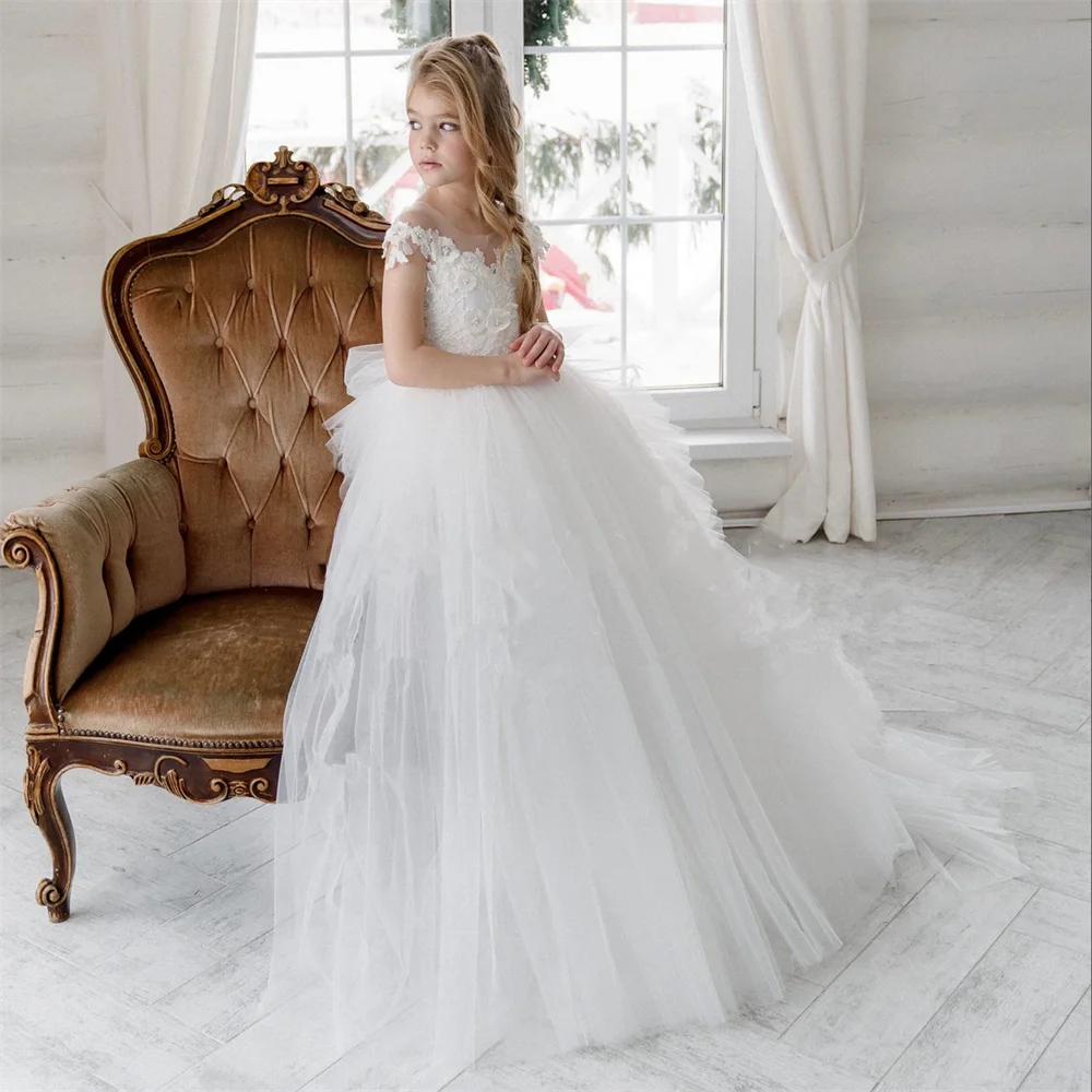 

Элегантные белые платья для девочек с цветами, аппликация без рукавов, пушистые платья для свадьбы, дня рождения, конкурса, первого причастия, Настраиваемые платья