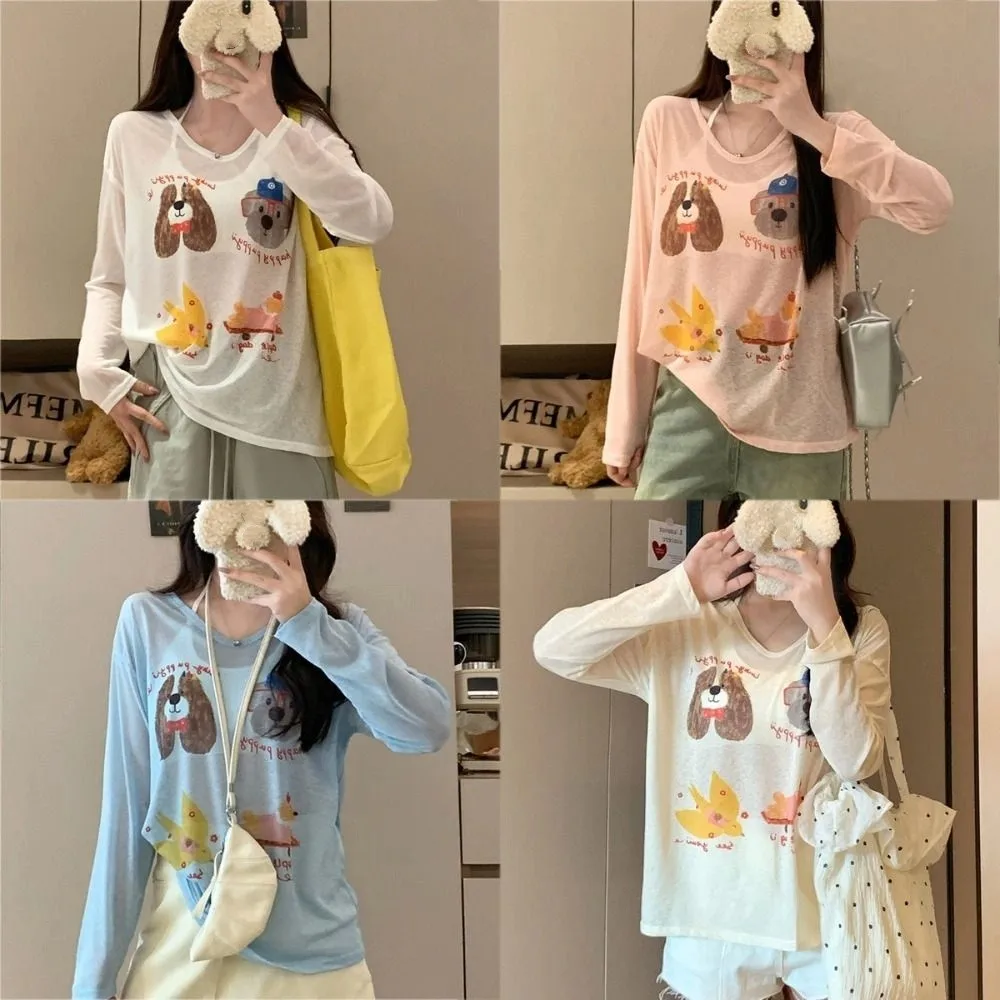 Thin Dog Print Graphic T-shirt Sunscreen Cartoon Cartoon Animal Long Sleeved Top Harajuku Ins Round Neck Oversized T-shirt Women