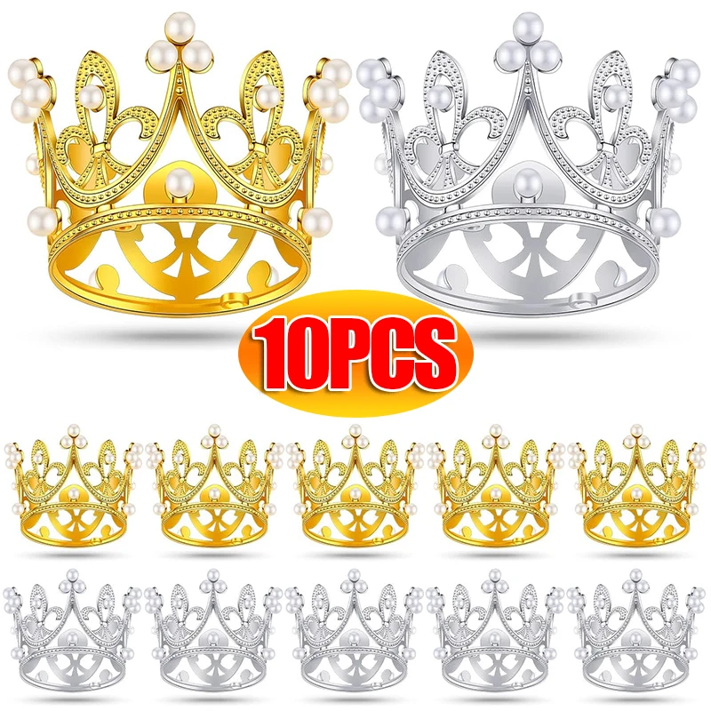 10/1Pcs Gold Mini Crown Cake Topper Tiny Baby Small Pearl Tiara Children Hair Ornaments Wedding Birthday Party Cake Decorations