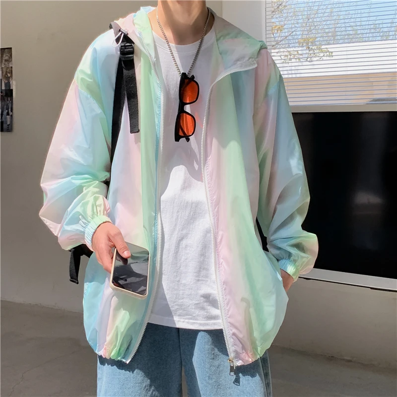 Holographic Men Summer Thin Sun Protection Jacket Outdoor Zipper Hooded Rainbow Reflective Outerwear UV-proof Quick Dry Coats