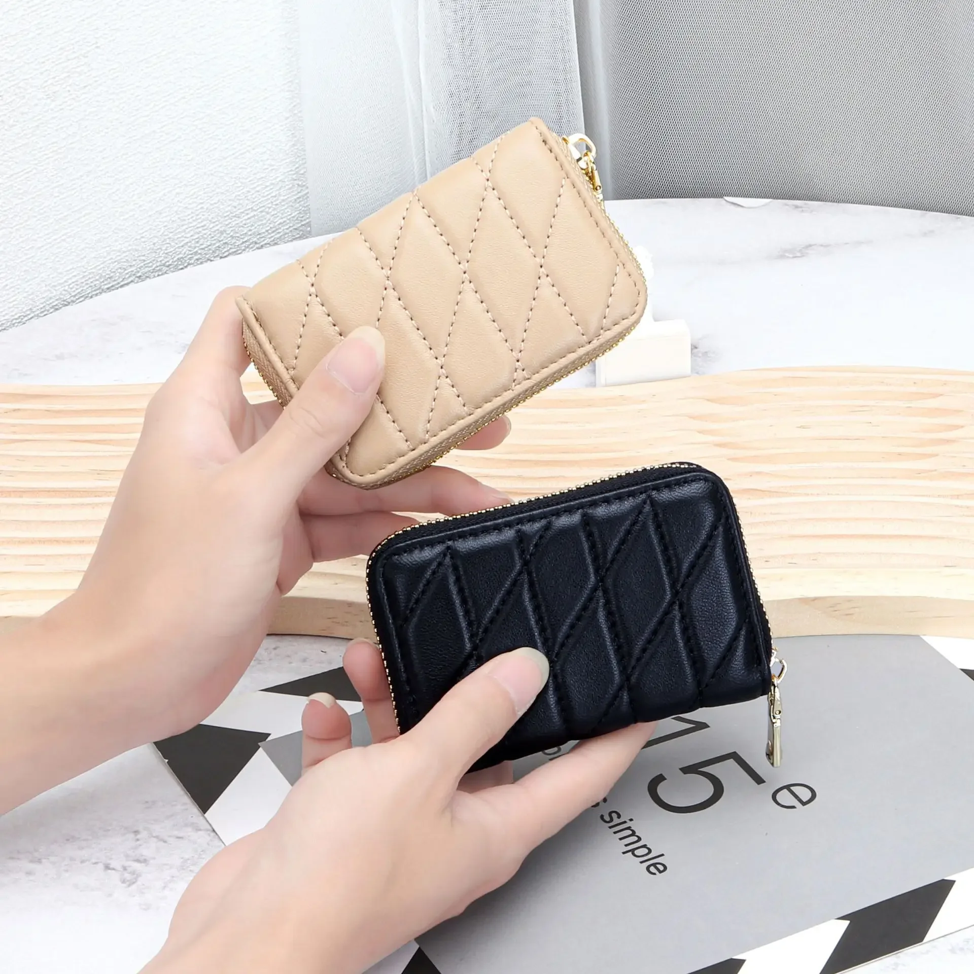 Sheepskin Credit Card Holder Small Wallet Business Cardholder Women Men Leather Zipper Around Organ Card Case