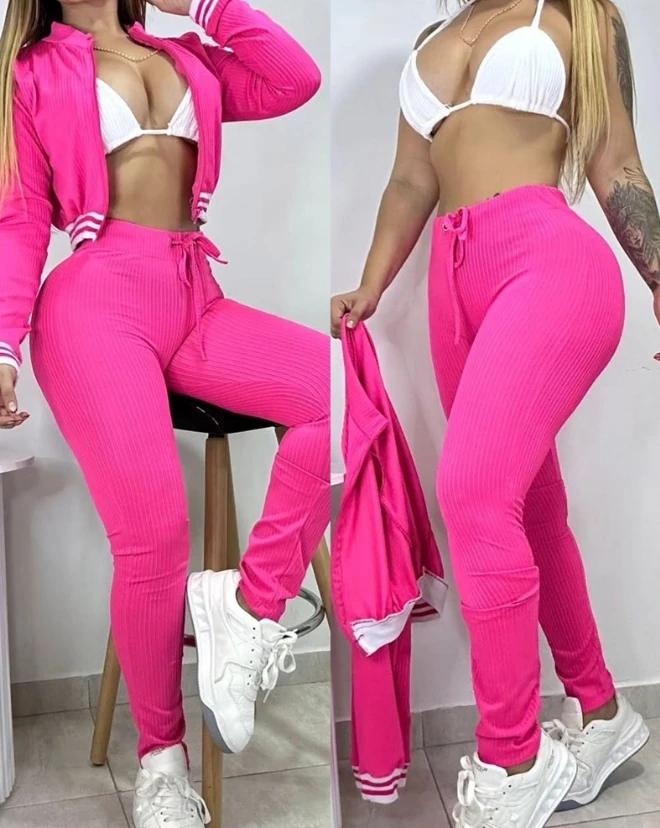 autumn new spicy girl fashion sporty style thread seamless one piece yoga dress tight elastic zipper tight jumpsuit shorts Girl's Striped Zipper Design Cut T-Shirt and Drawstring Tight Pants Set New Products In Stock