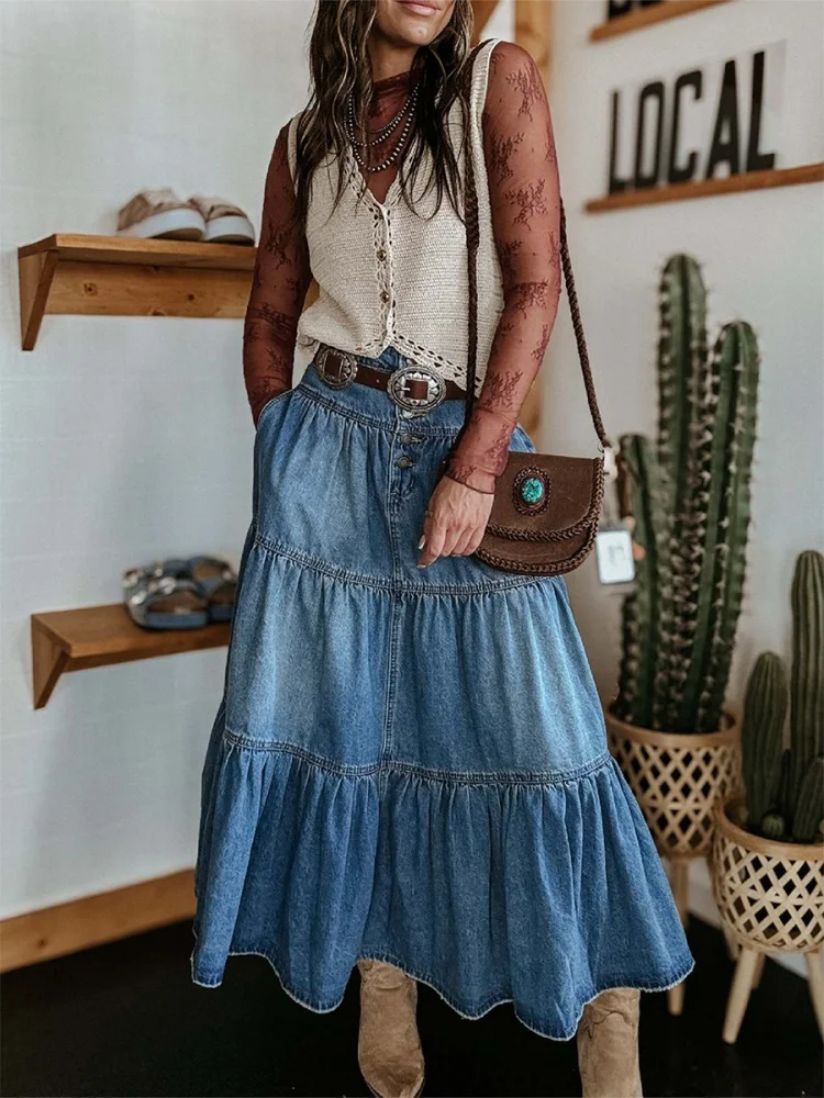 Gonna Jeans Donna Vita Alta Elastica - Taglio Trapezio, Orlo Fluido, Tasche, Bottoni Frontali, Casual Chic