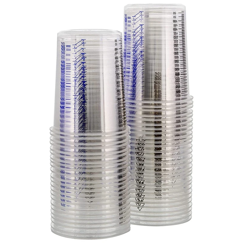 50Piece Graduated Plastic Mixing Cups-Use For Paint, Resin, Epoxy, Art Disposable Flexible Clear