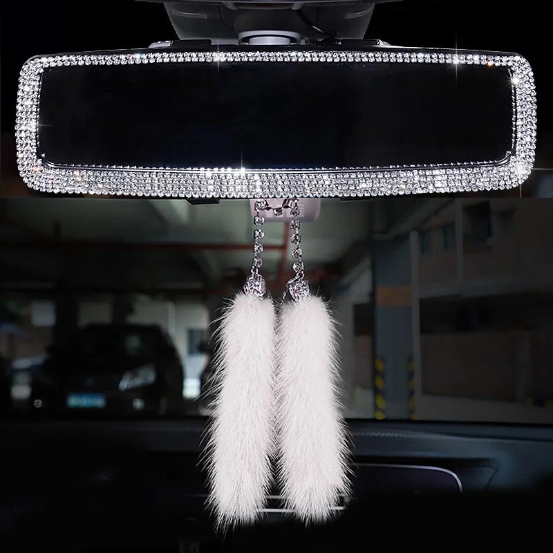 

Rhinestone Car Interior Rearview Mirror Decor Charm Crystal Bling Diamond Ornament Rear View Mirror Cover Women Auto Accessories