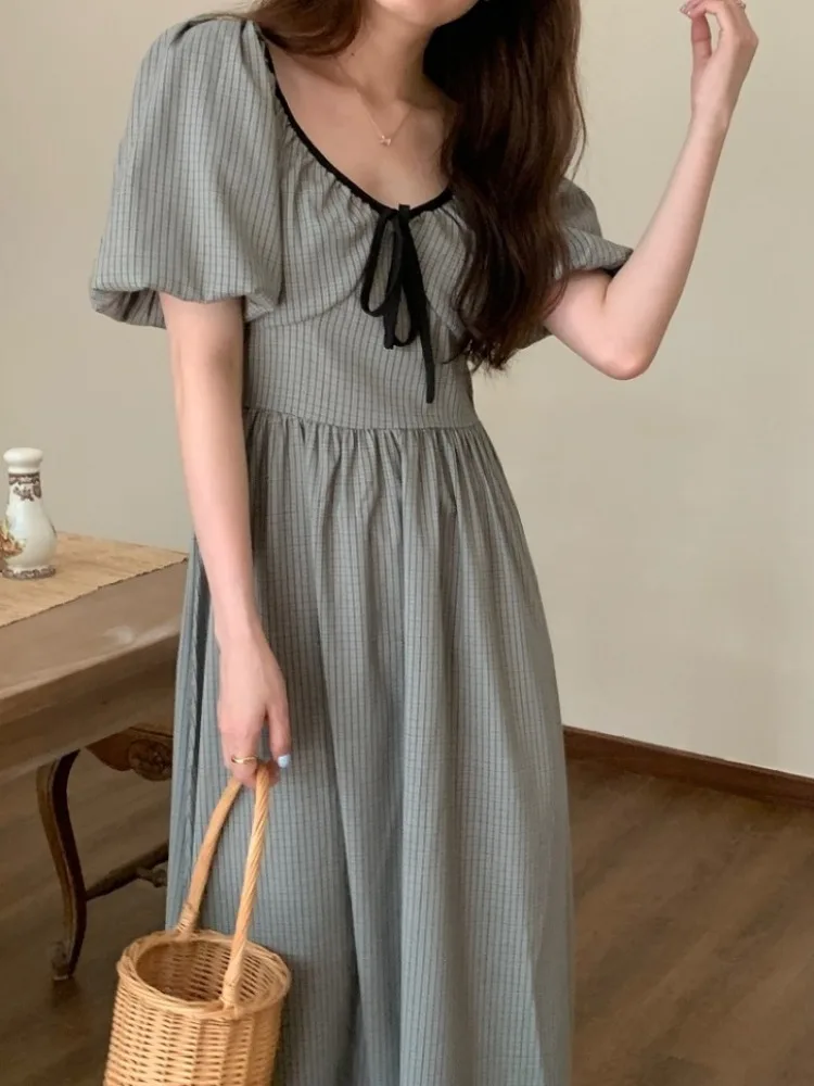 Women-s-Summer-Long-Sweet-Plaid-Dress-Puff-Sleeve-V-Neck-Bow-Lacing-Up ...