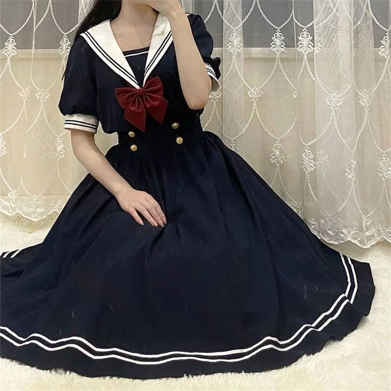 Japanese Women Dress Sweet Sailor Plus Size S-8xl Bow Jk Tie