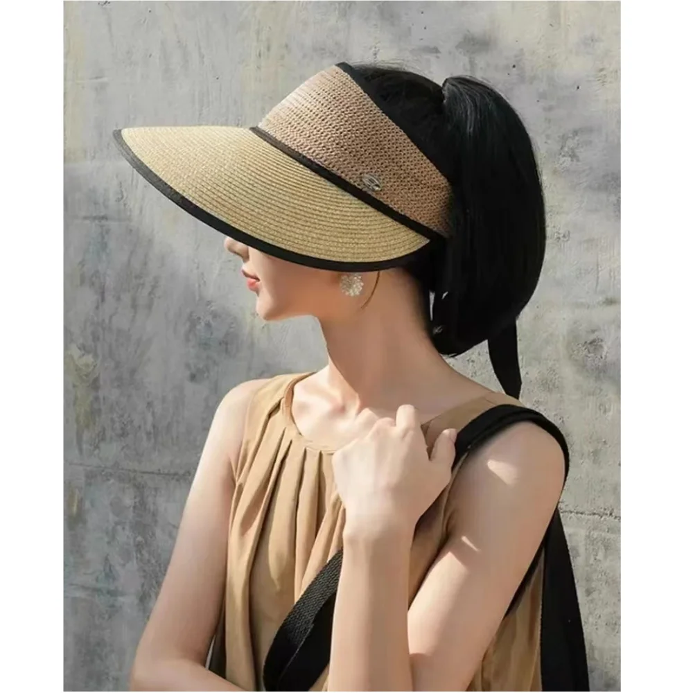 

Women's Summer Empty Top Straw Hat Wide Brim Sun Cap UV Protection Travel Panama Hats Lady Outdoor Beach Sunscreen Caps Feminino